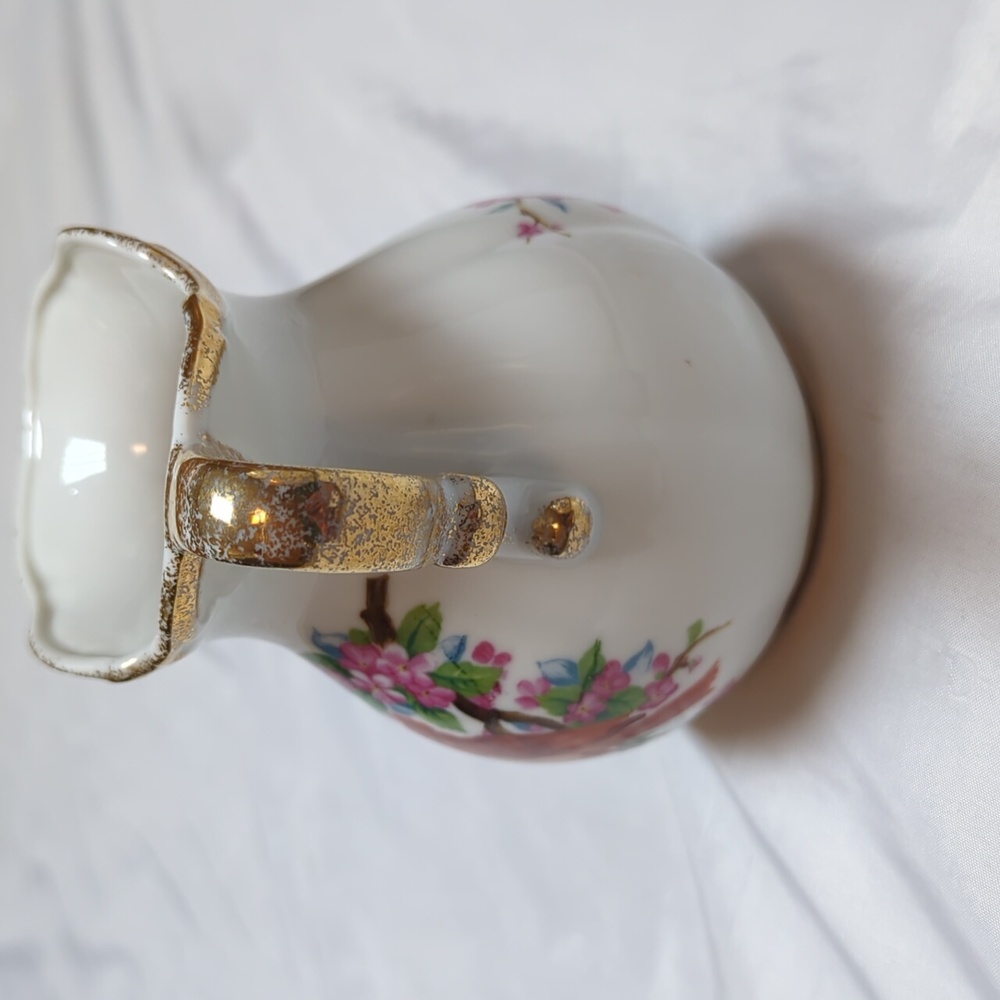 Vintage Noleans Japan Hand Painted Cardinal Birds Cherry Blossom Ceramic Pitcher - Picture 2 of 9